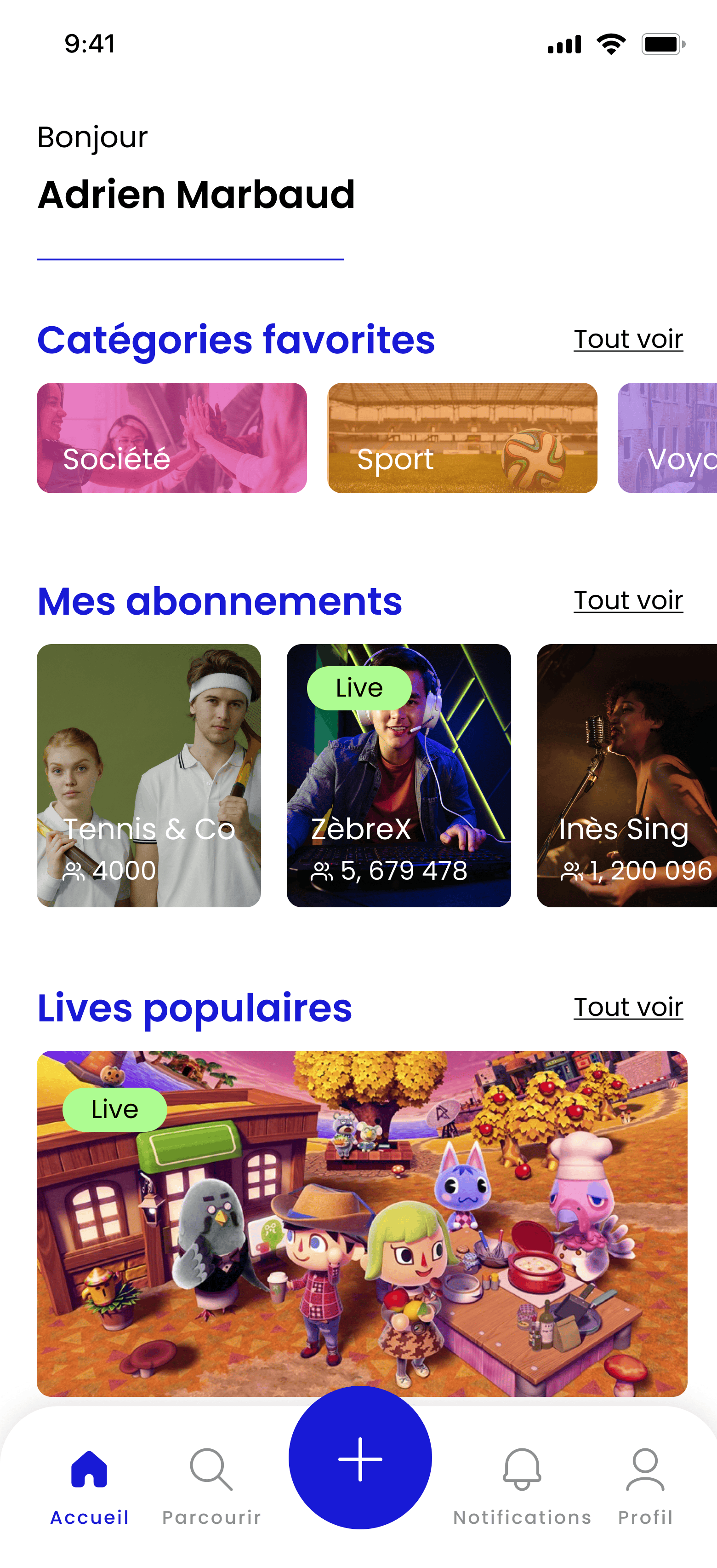Écran d'accueil Twitch